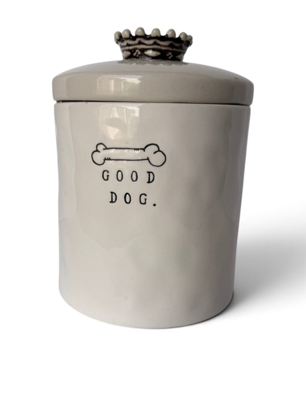 RARE Rae Dunn Ceramic Small Script Bone "GOOD DOG" Canister/Treat Jar Crown Lid